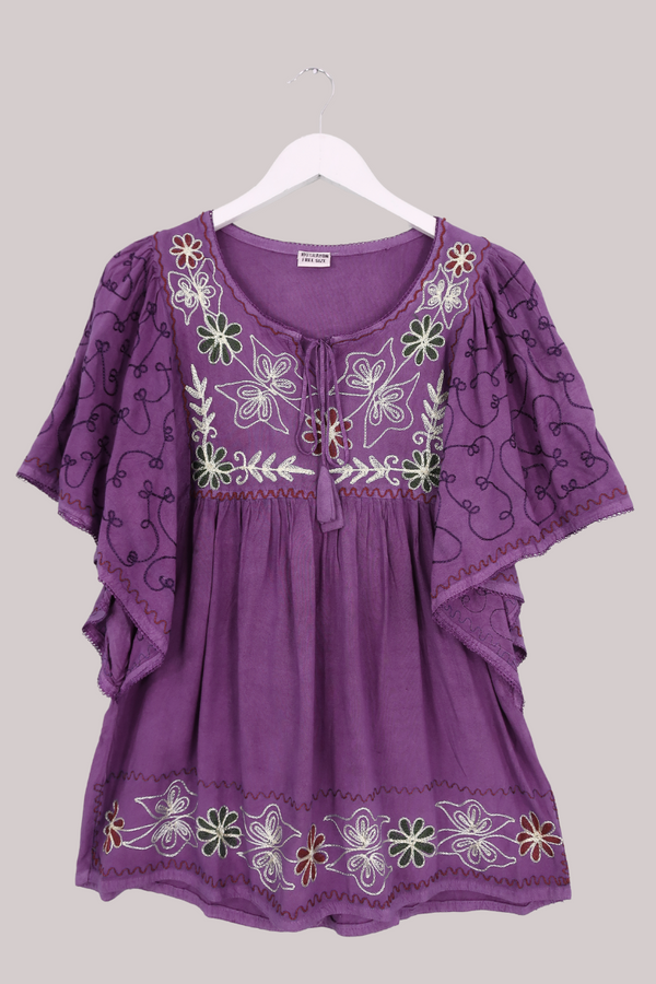 Embroidered Tunic Smock Top in Fuchsia Purple - Free Size