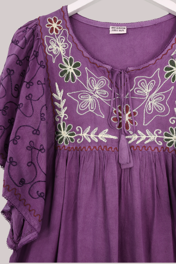 Embroidered Tunic Smock Top in Fuchsia Purple - Free Size