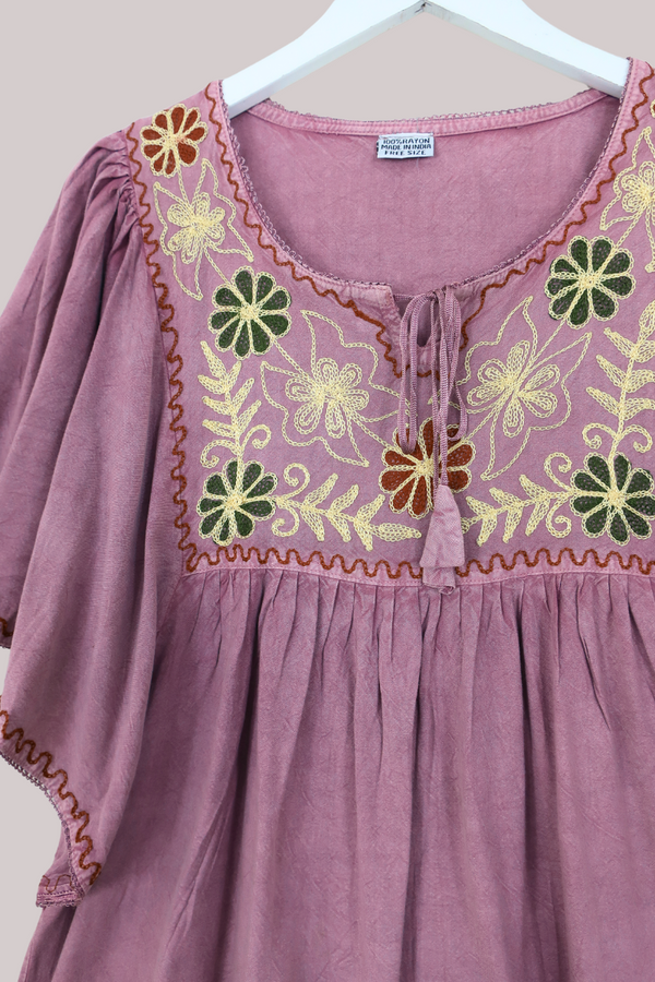 Embroidered Tunic Smock Top in Heather Pink - Free Size