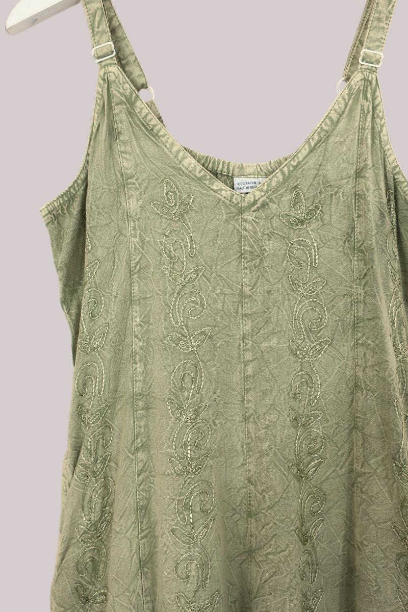 Indian Embroidered Mini Slip Dress in Dusty Sage - Free Size by All About Audrey