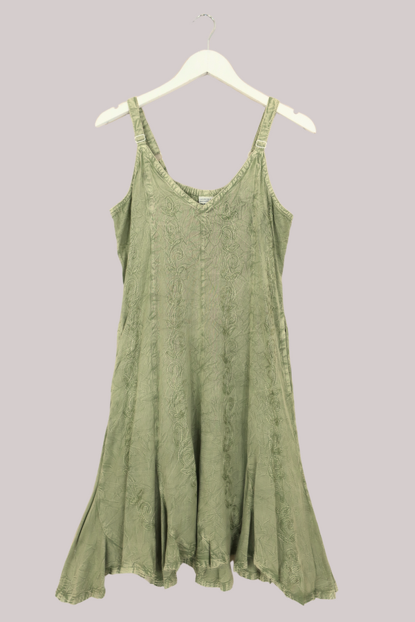 Indian Embroidered Mini Slip Dress in Dusty Sage - Free Size by All About Audrey