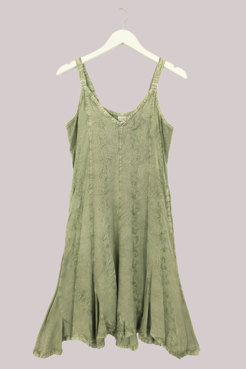 Indian Embroidered Mini Slip Dress in Dusty Sage - Free Size by All About Audrey