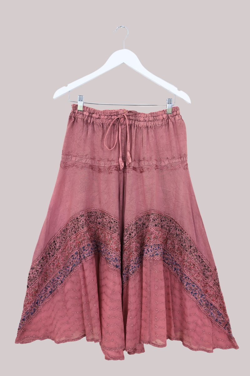 Embroidered A-Line Midi Skirt in Berry Pink - Free Size