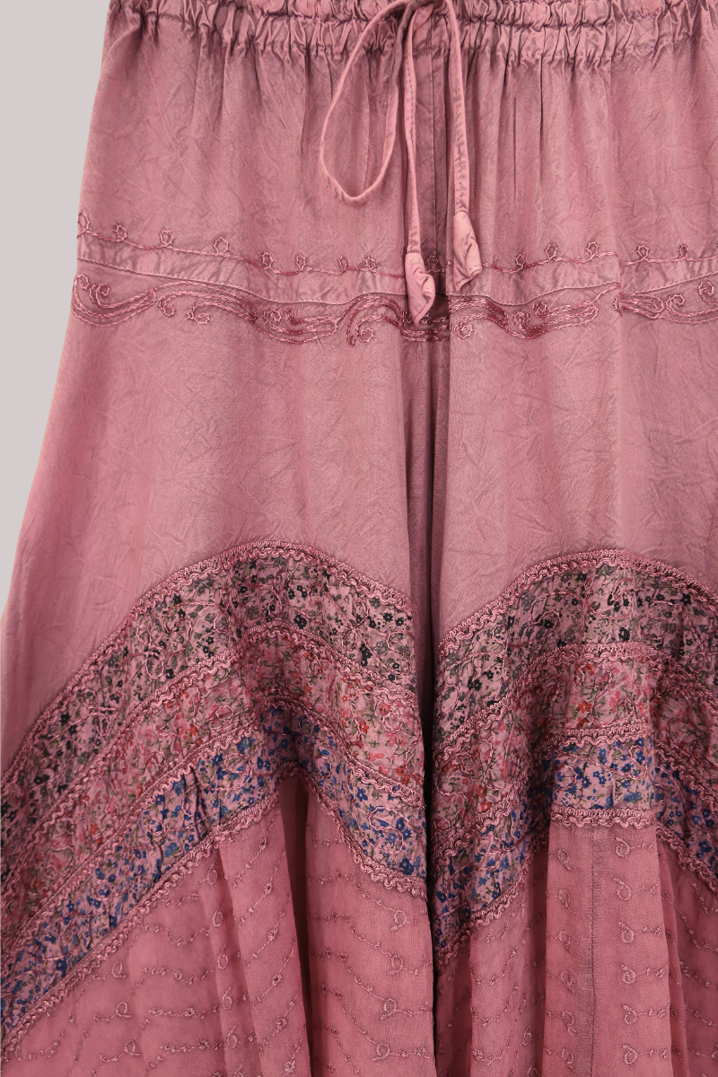 Embroidered A-Line Midi Skirt in Berry Pink - Free Size