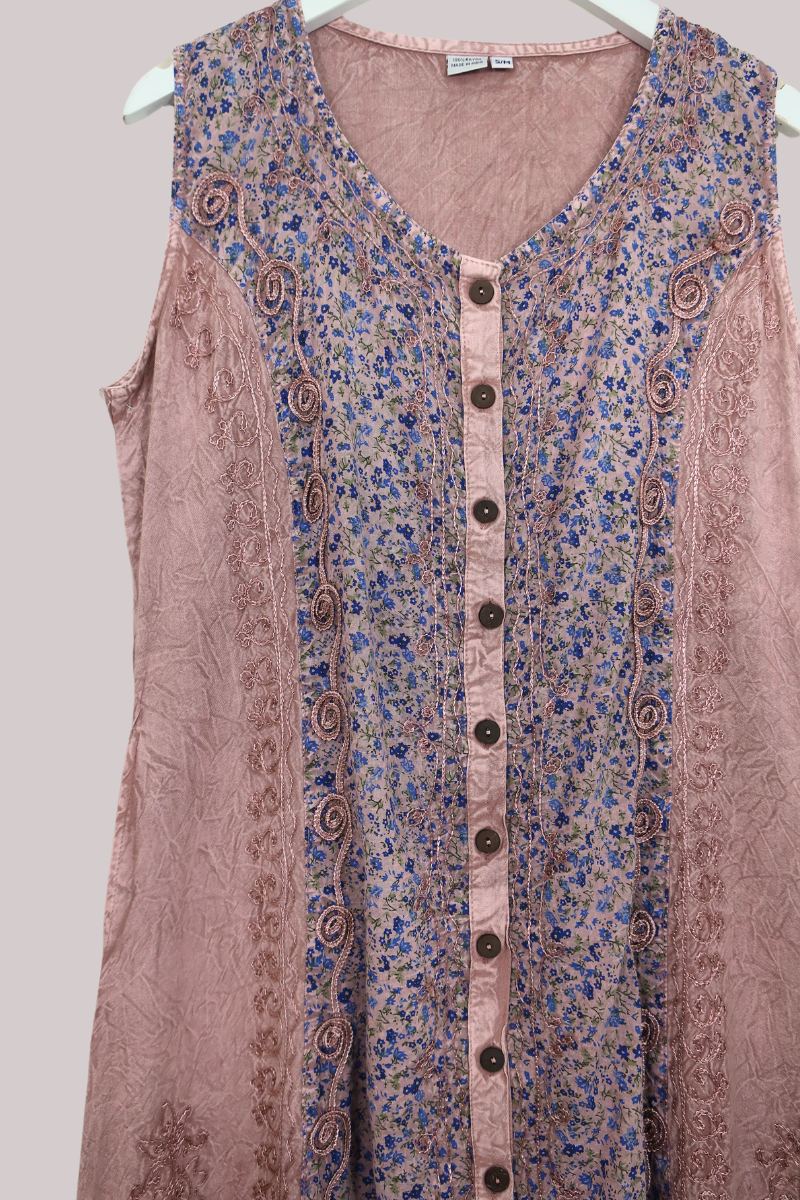 Indian Sleeveless Kaftan Midi in Heather Pink Floral by All About Audrey