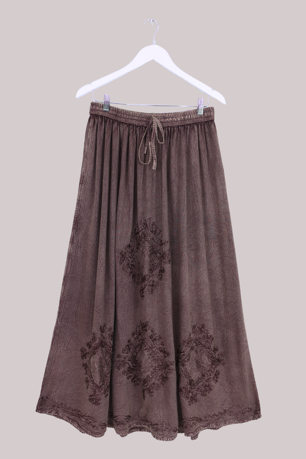 Embroidered Drawstring Maxi Skirt in Dark Mauve - Free Size