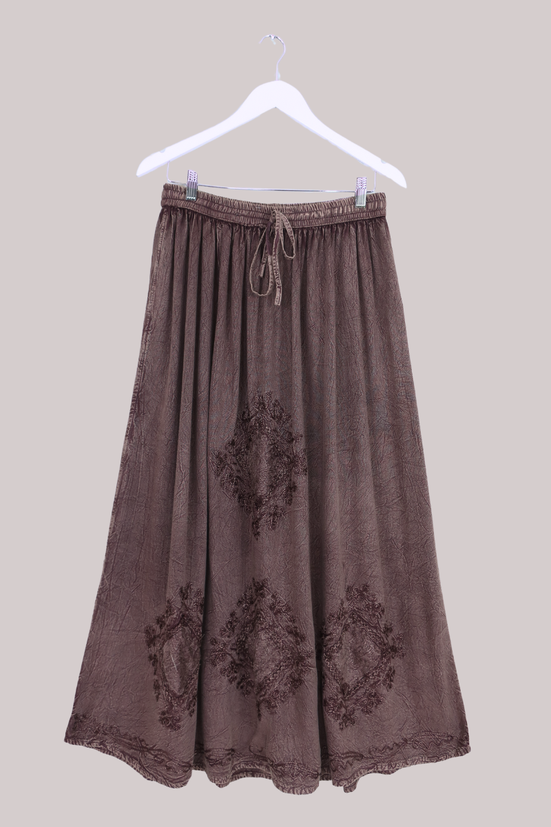 Embroidered Drawstring Maxi Skirt in Dark Mauve - Free Size