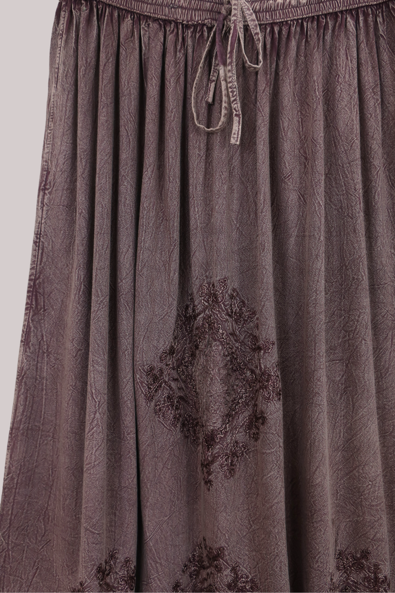 Embroidered Drawstring Maxi Skirt in Dark Mauve - Free Size
