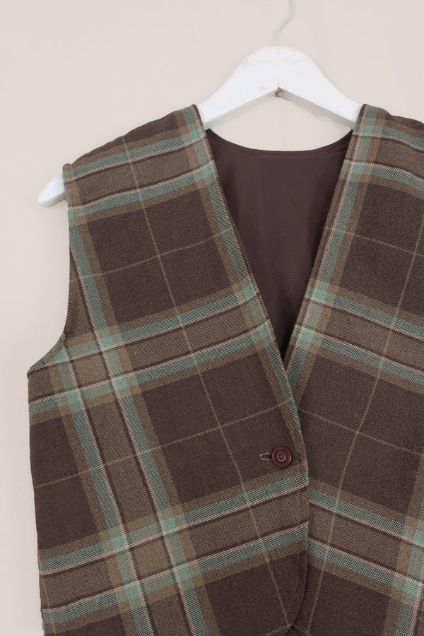 Vintage Earthy Tones Tartan Waistcoat - Size XS/S