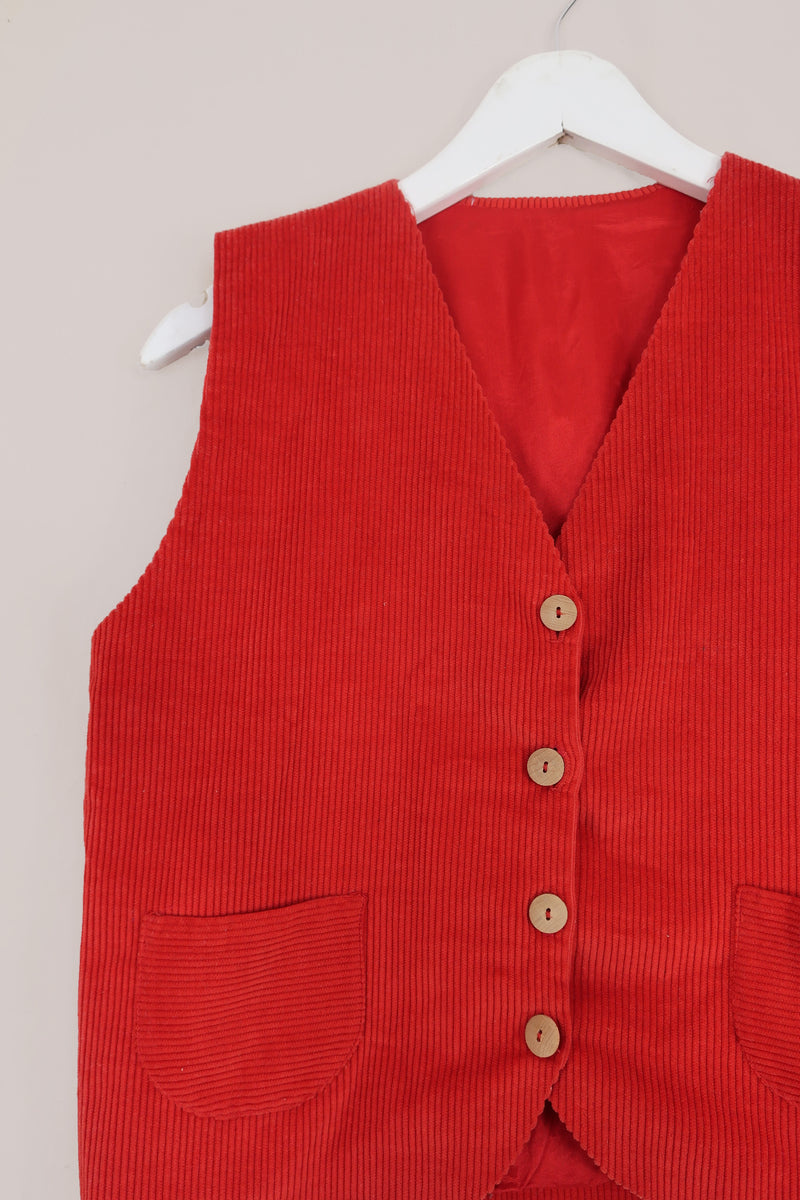 Vintage Vivid Red Corduroy Waistcoat - Size S/M
