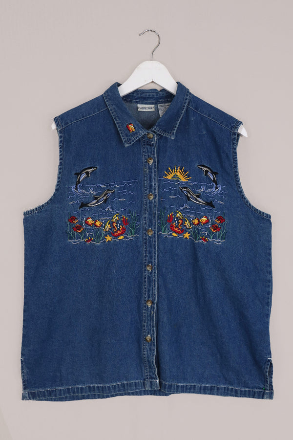 Vintage Sea Life Denim Waistcoat - Size XL by All About Audrey
