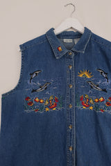 Vintage Sea Life Denim Waistcoat - Size XL by All About Audrey
