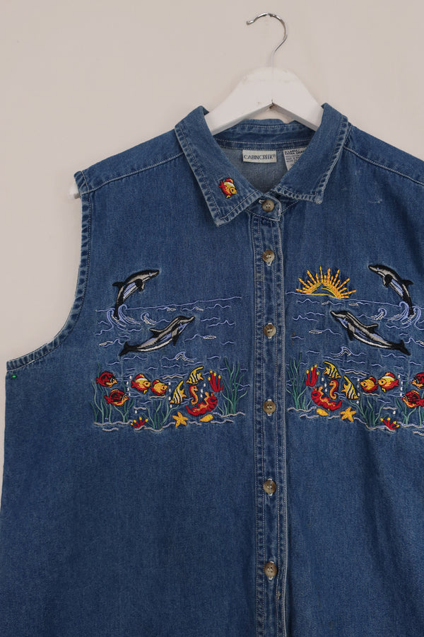 Vintage Sea Life Denim Waistcoat - Size XL by All About Audrey