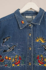 Vintage Sea Life Denim Waistcoat - Size XL