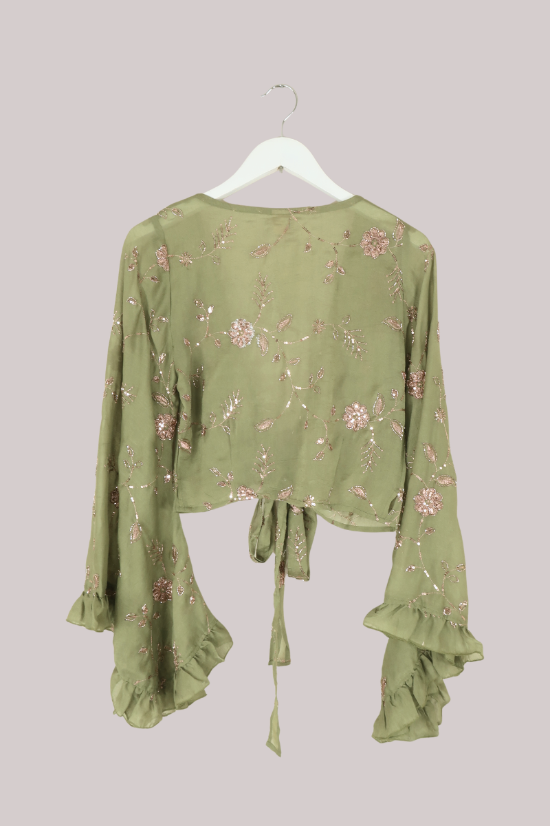 Venus Beaded Vintage Sari Wrap Top in Dewdrop Green
