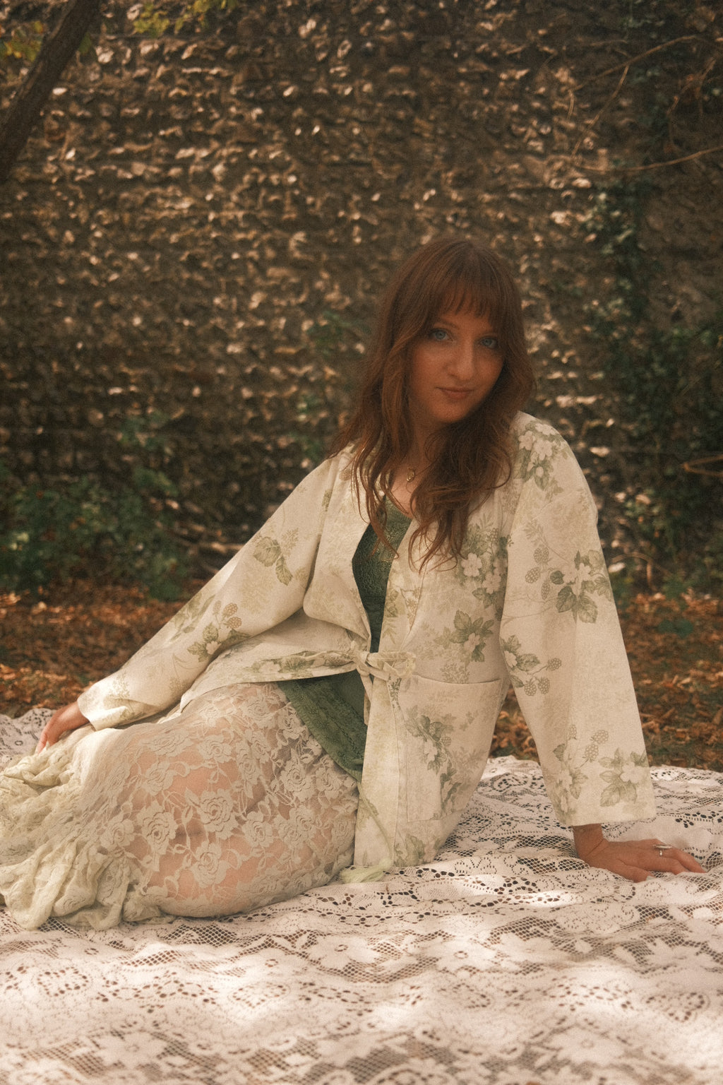 Emmeline Vintage Curtain Jacket in Wild Elderflower Green