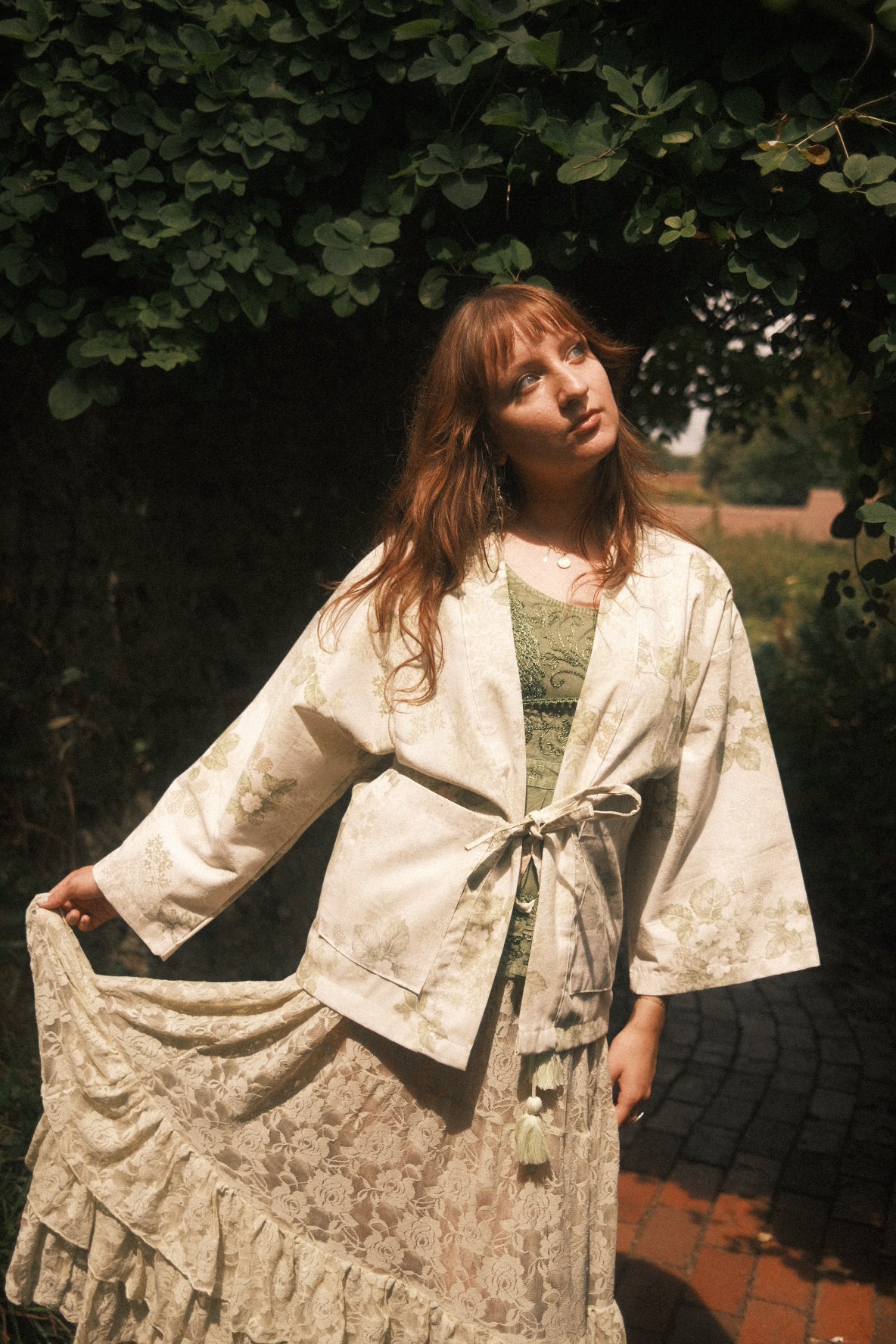 Emmeline Vintage Curtain Jacket in Wild Elderflower Green