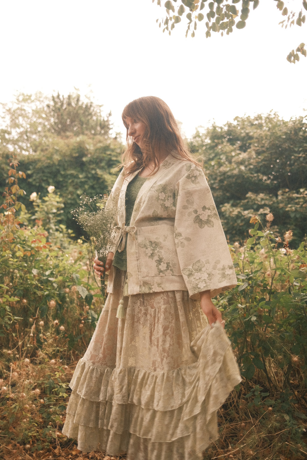 Emmeline Vintage Curtain Jacket in Wild Elderflower Green