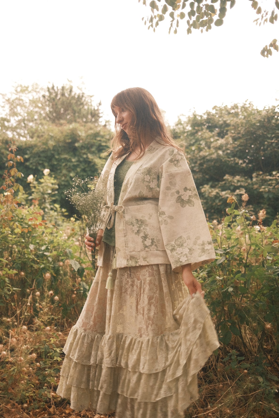 Emmeline Vintage Curtain Jacket in Wild Elderflower Green