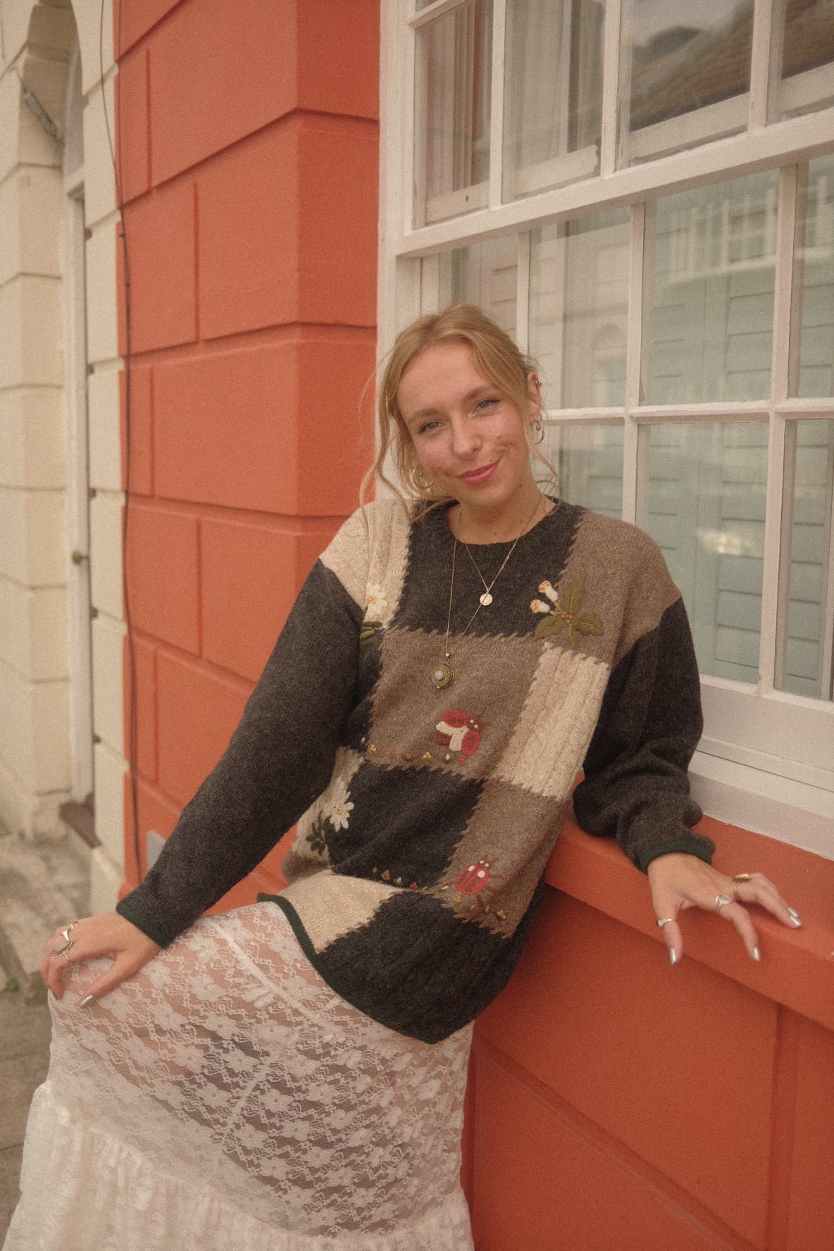 Vintage Knit Jumper in Ladybug Chess Board - Size XL