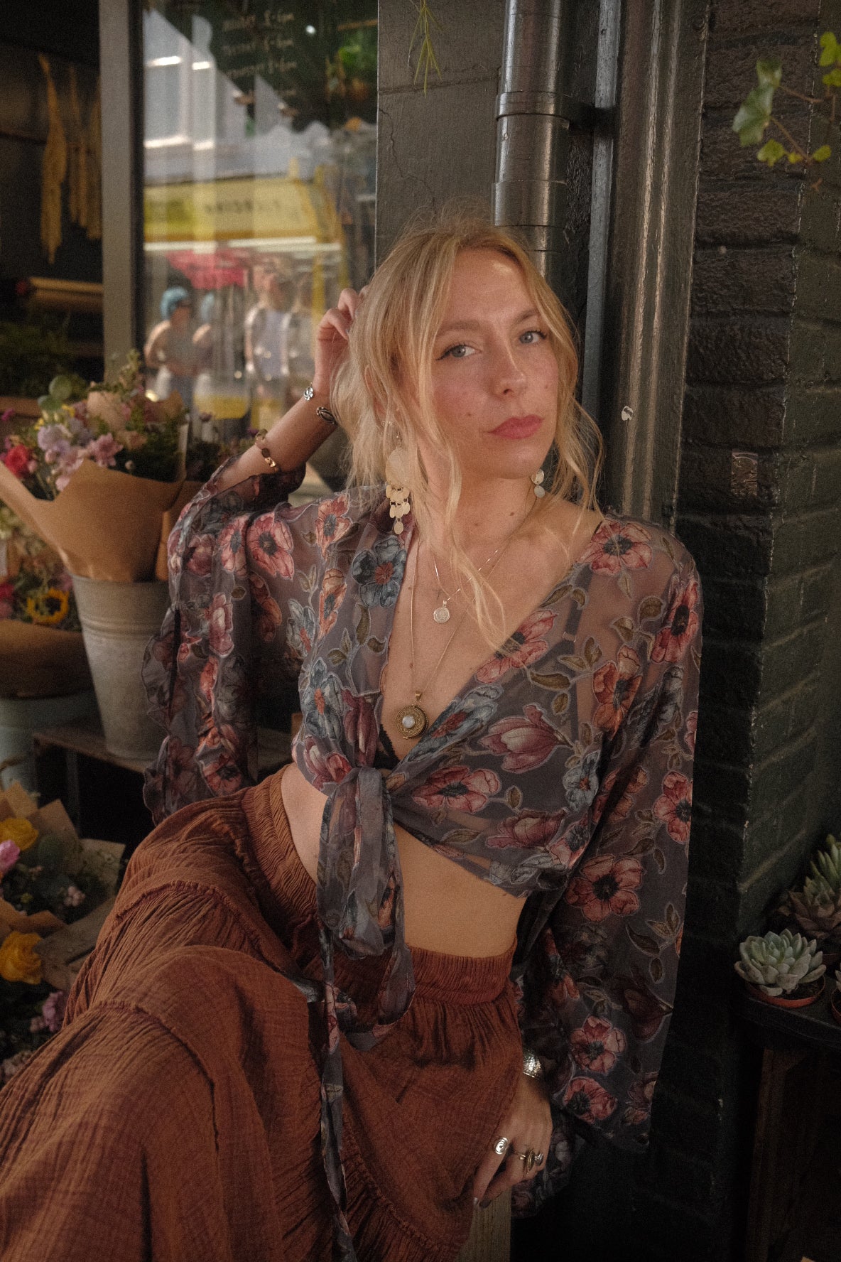 Venus Wrap Top in Pigeon Blue Floral Burn Out Velvet