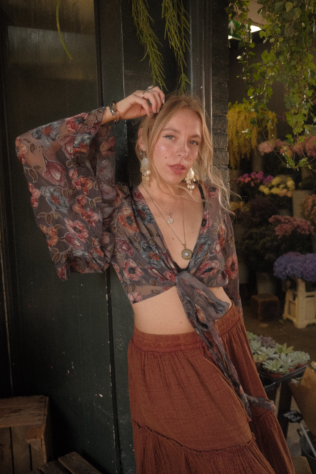 Venus Wrap Top in Pigeon Blue Floral Burn Out Velvet