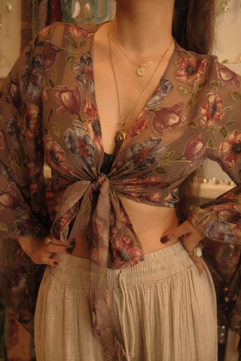 Venus Wrap Top in Misty Mauve Floral Burn Out Velvet