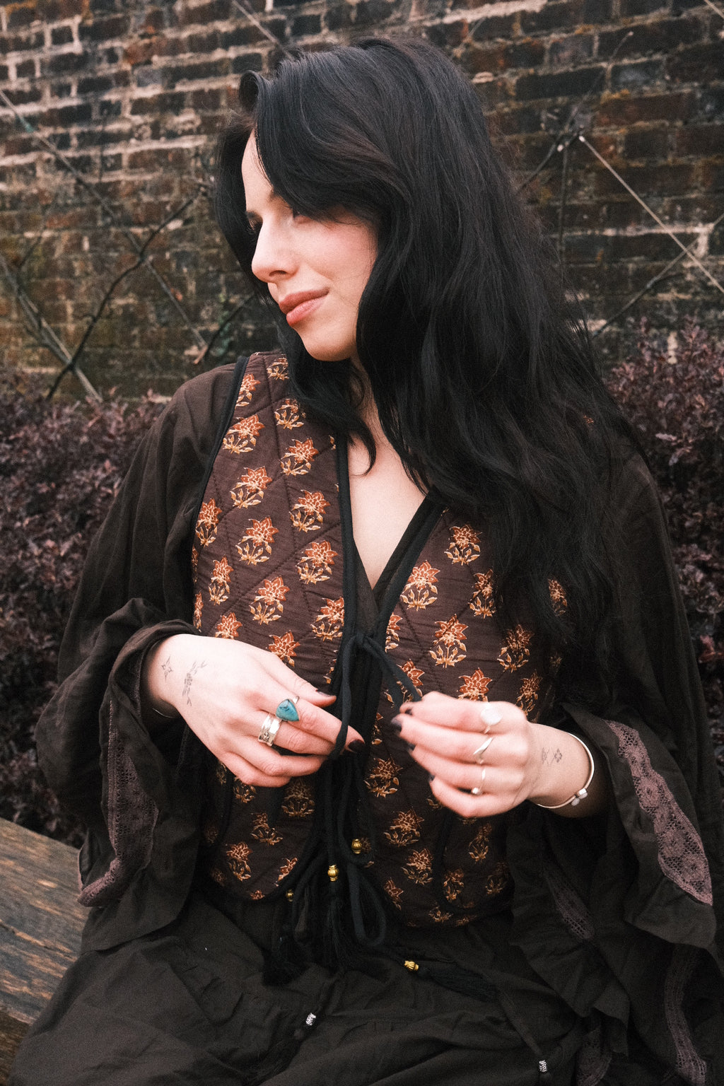 Dixie Quilted Waistcoat Top in Saddle Brown Block Print Floral