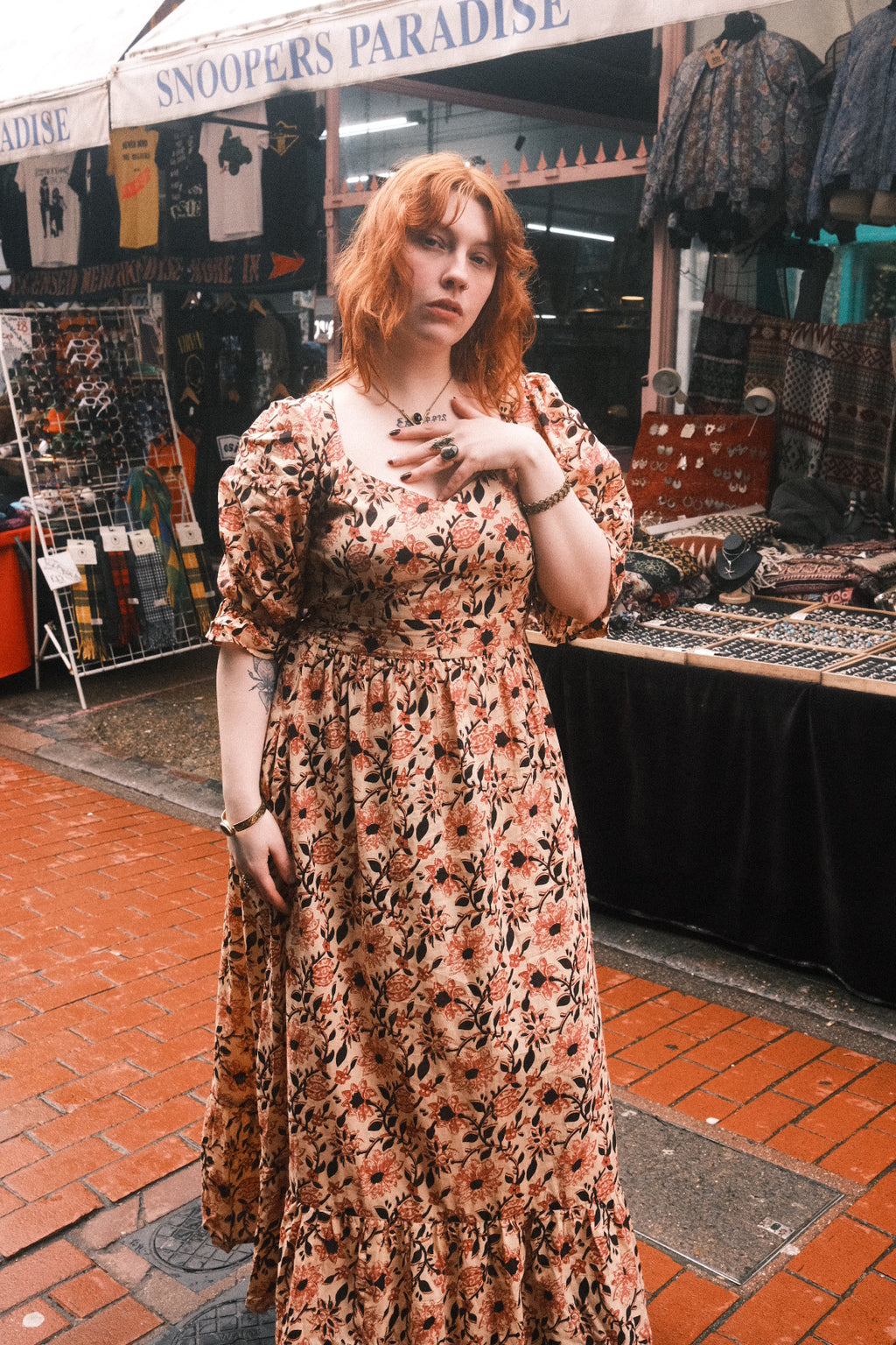 Carmen Maxi Dress in Dusky Vintage Sunflowers