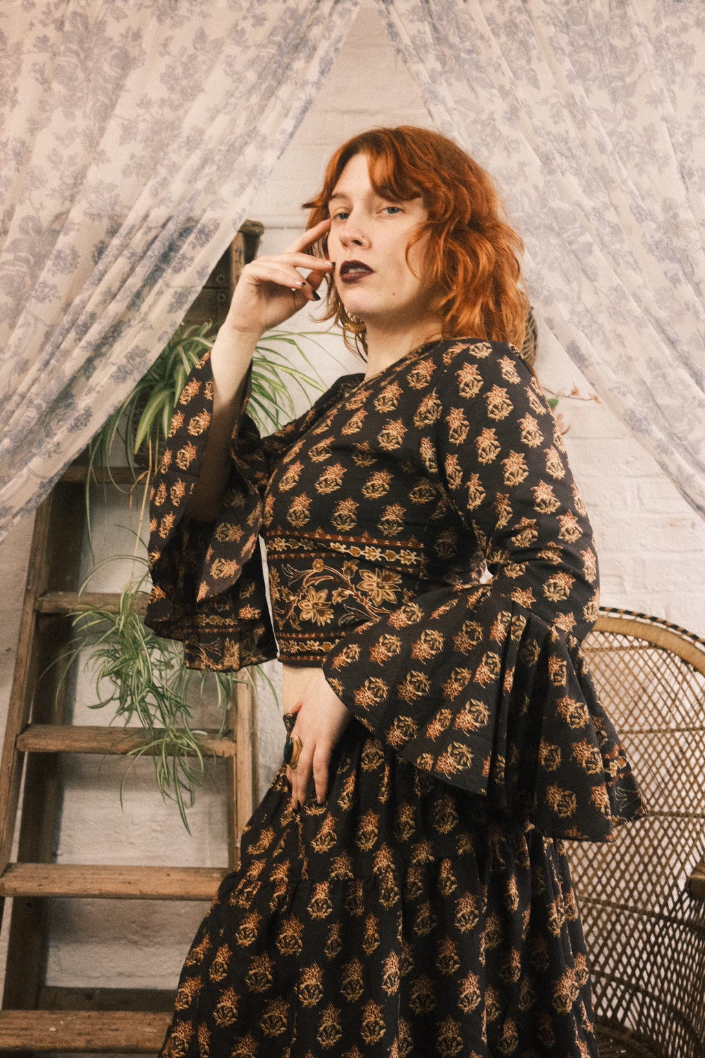 Sylvia Wrap Top in Saddle Brown Block Print Floral