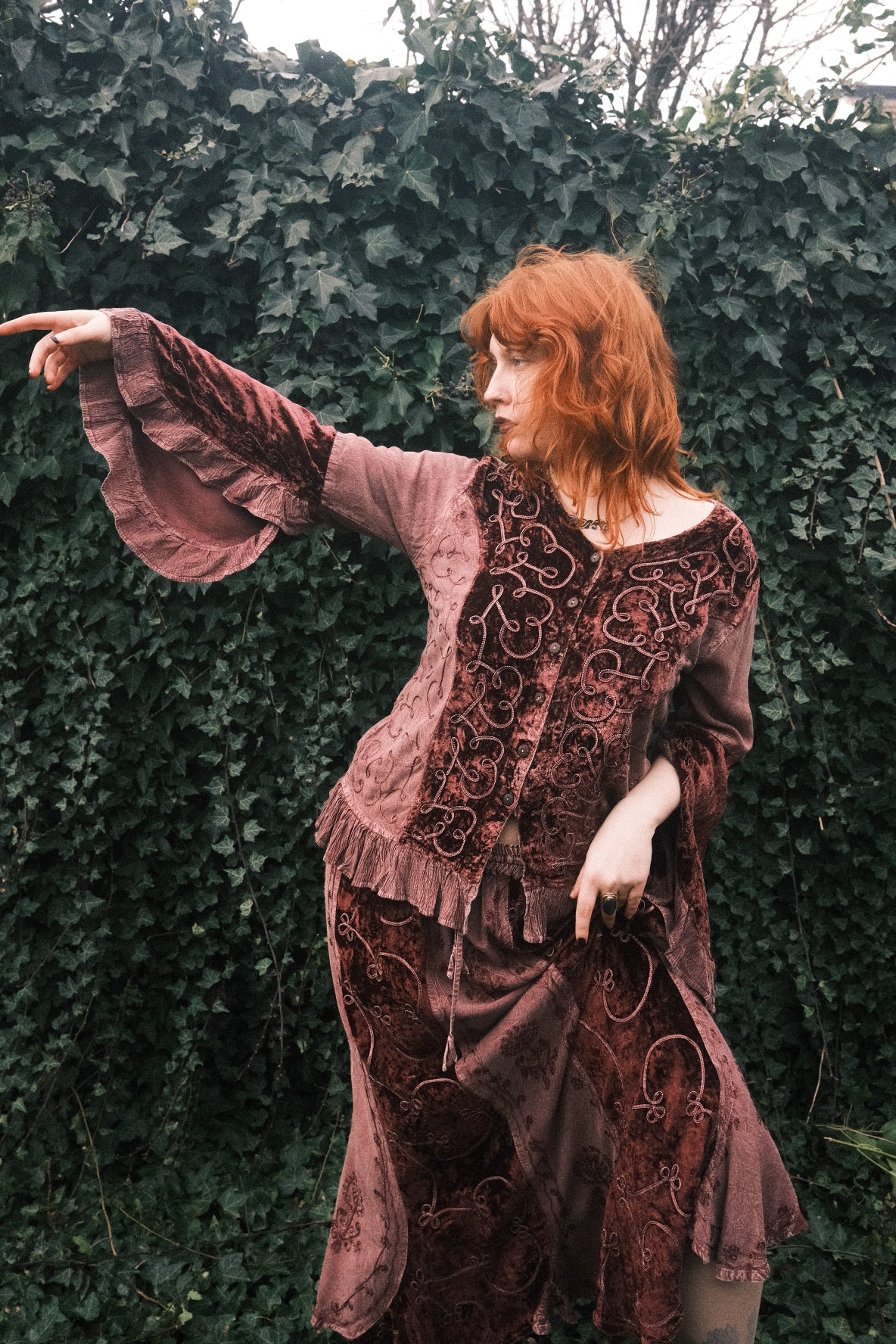 Embroidered Velvet Frill Sleeve Blouse in Midnight Mauve