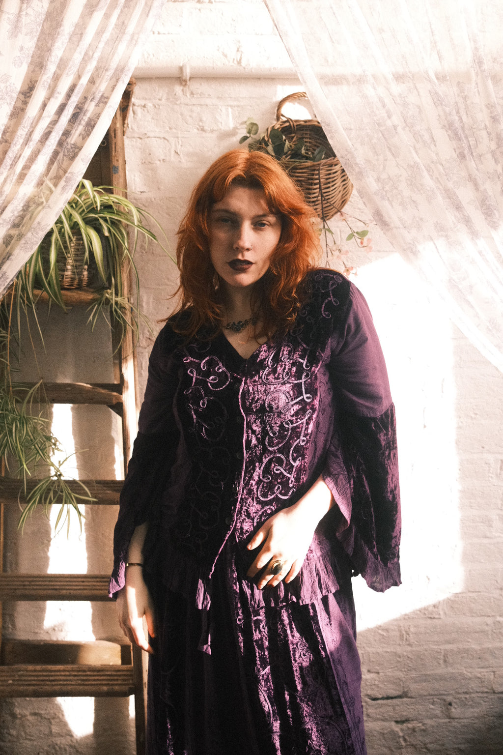 Embroidered Velvet Frill Sleeve Blouse in Jewelled Violet