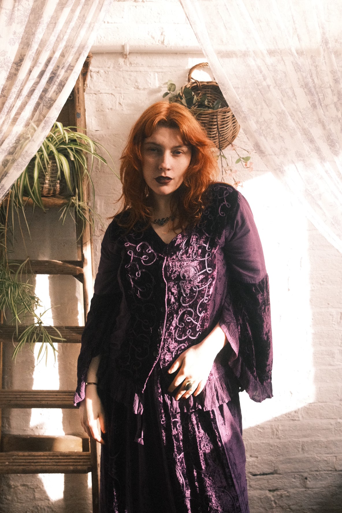 Embroidered Velvet Frill Sleeve Blouse in Jewelled Violet