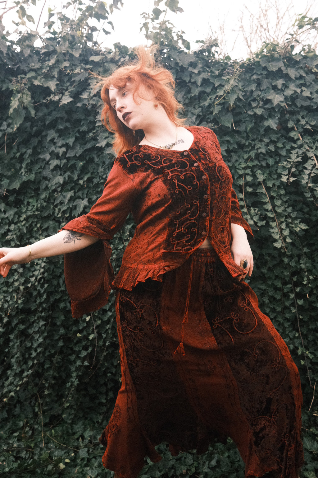 Embroidered Velvet Frill Sleeve Blouse in Crimson Red