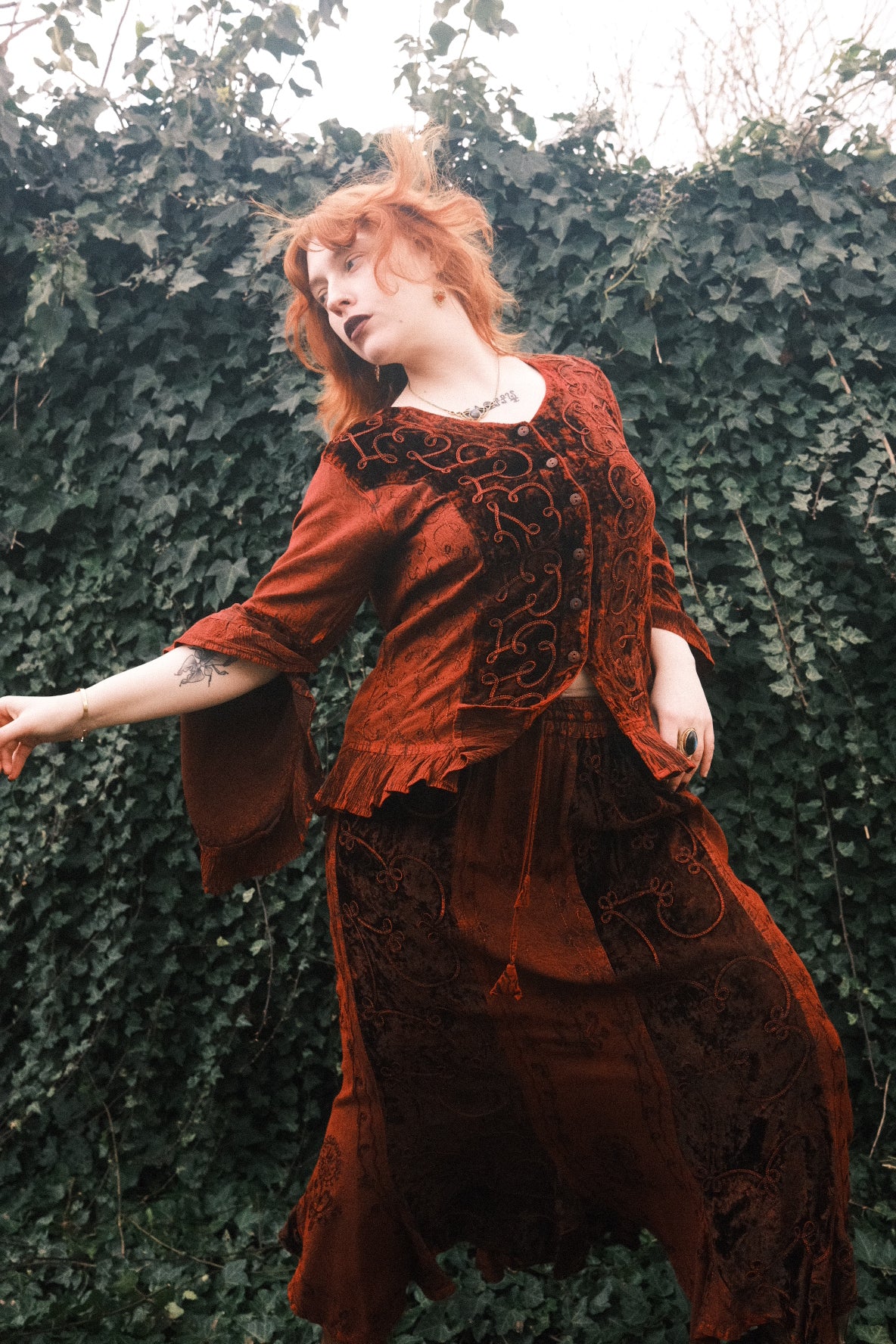 Embroidered Velvet Frill Sleeve Blouse in Crimson Red