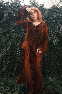 Embroidered Velvet Handkerchief Midi Skirt in Crimson Red