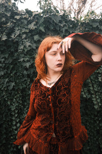 Embroidered Velvet Frill Sleeve Blouse in Crimson Red