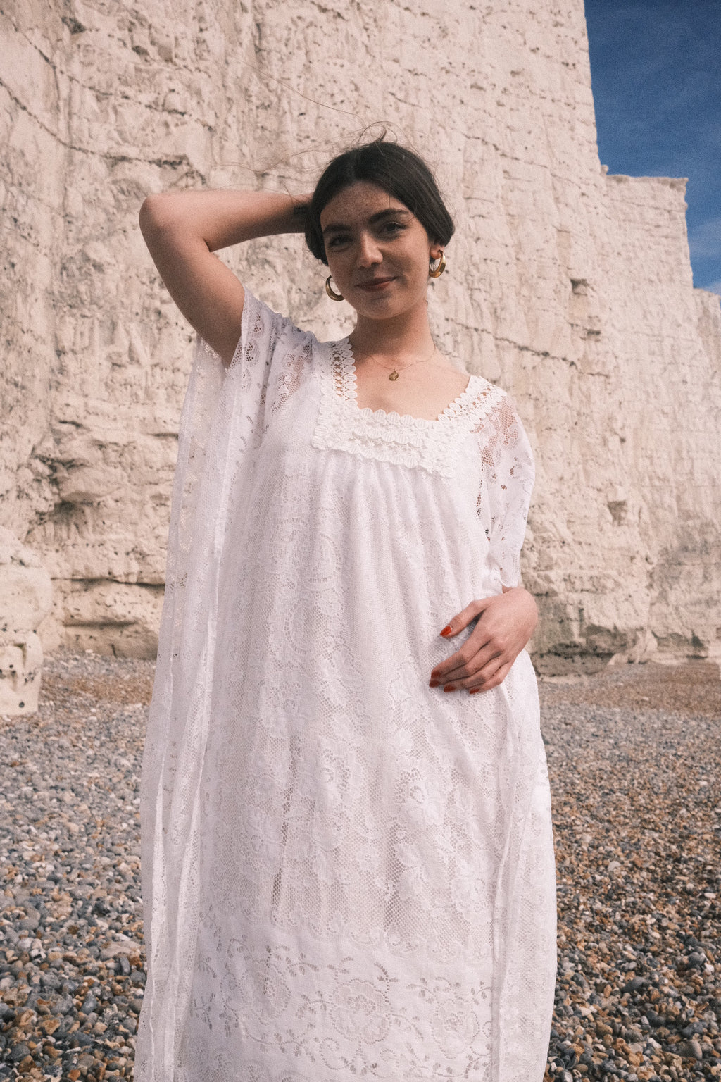 Priscilla Kaftan Dress in Primrose White Lace - Free Size