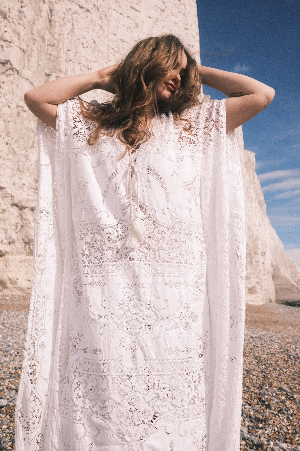 Frida Kaftan Dress in Parisian White Lace - Free Size