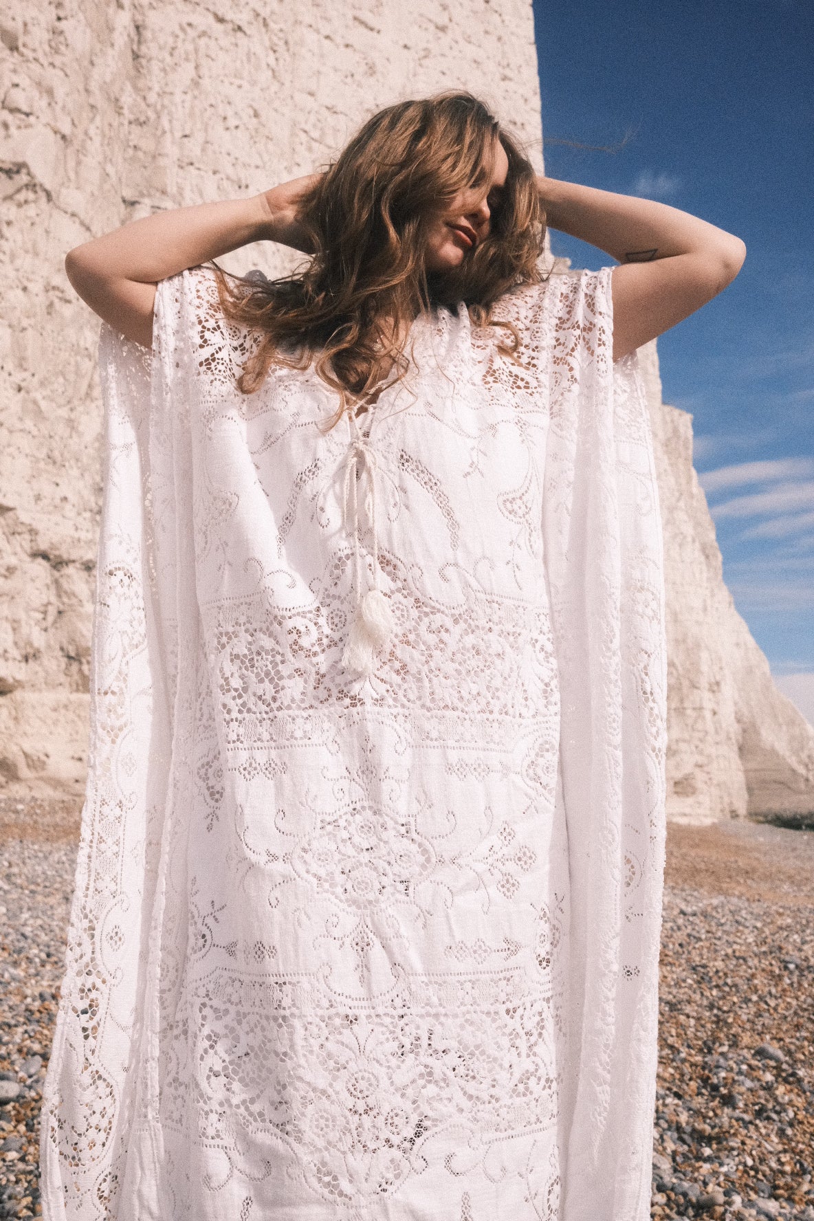 Frida Kaftan Dress in Parisian White Lace - Free Size