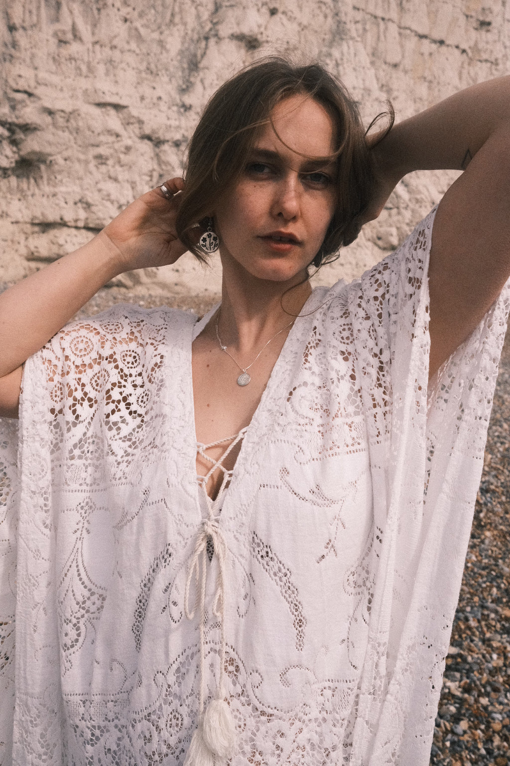 Frida Kaftan Dress in Parisian White Lace - Free Size