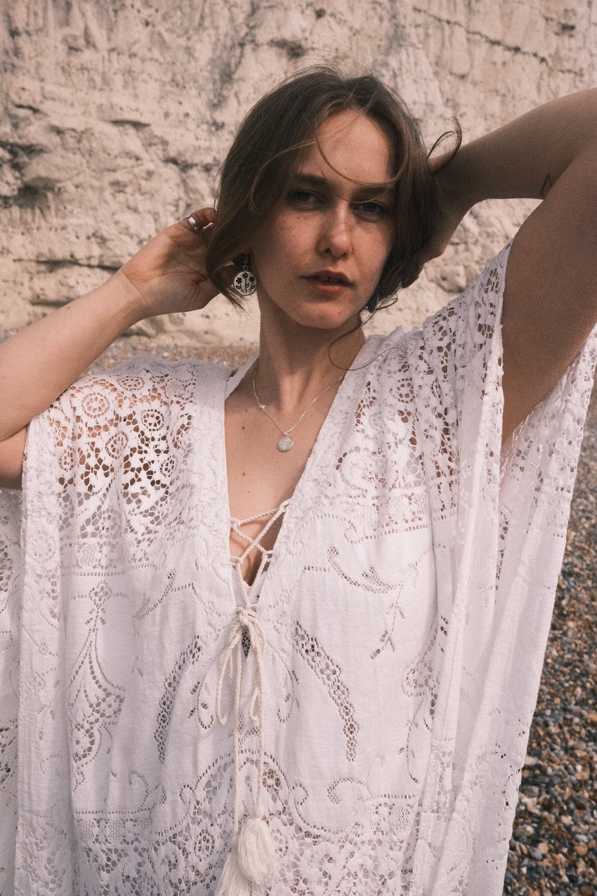 Frida Kaftan Dress in Parisian White Lace - Free Size