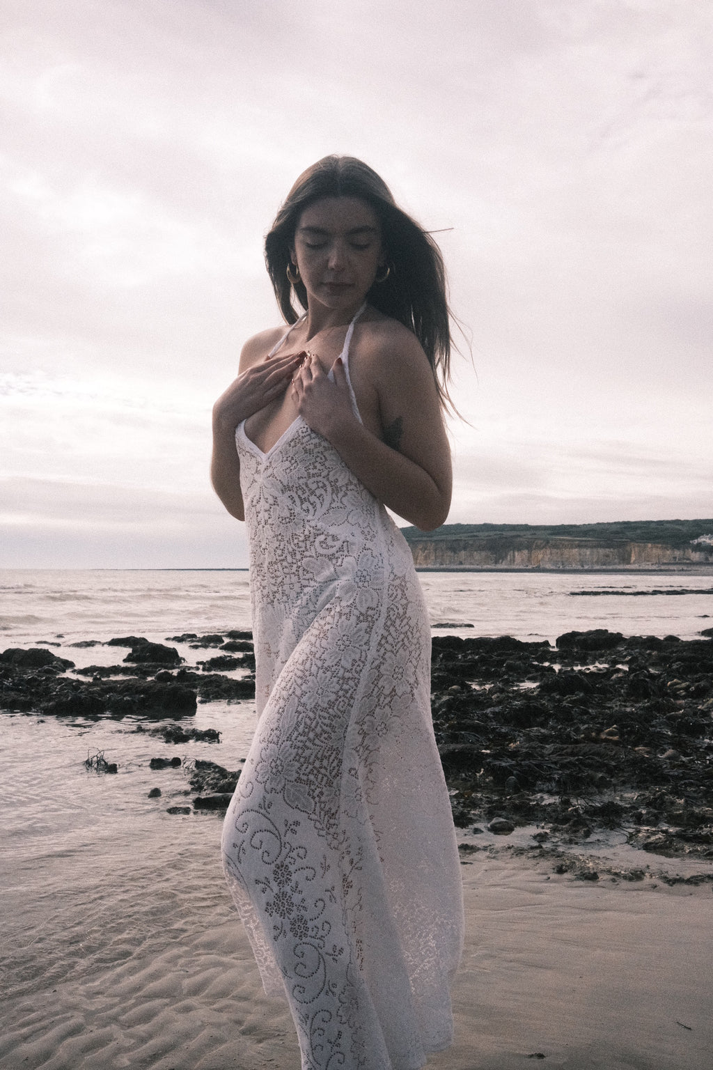 Lily Halter Maxi Dress in Josephine White Lace - Size S