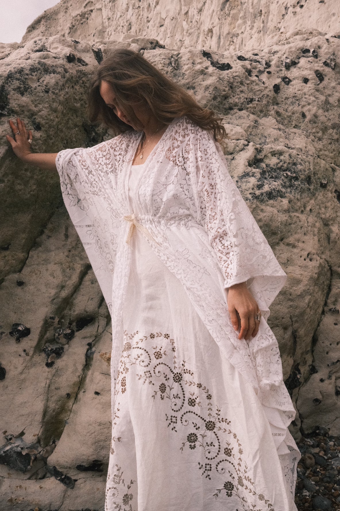 Carlotta Butterfly Robe in Snowdrop White Lace - Free Size