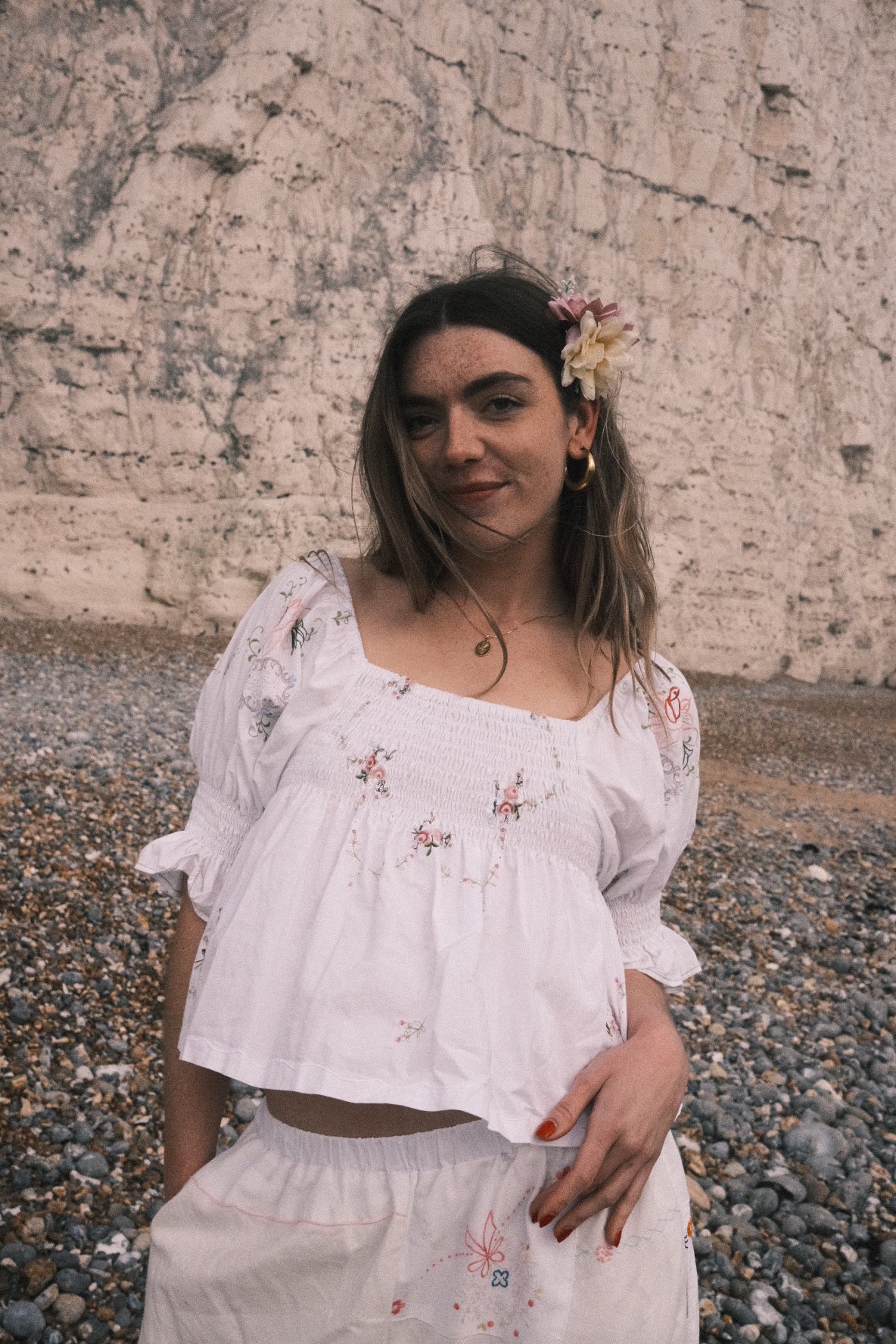 Lucia Vintage Tablecloth Ruched Top in Baby Blue & Pink Floral Bunting
