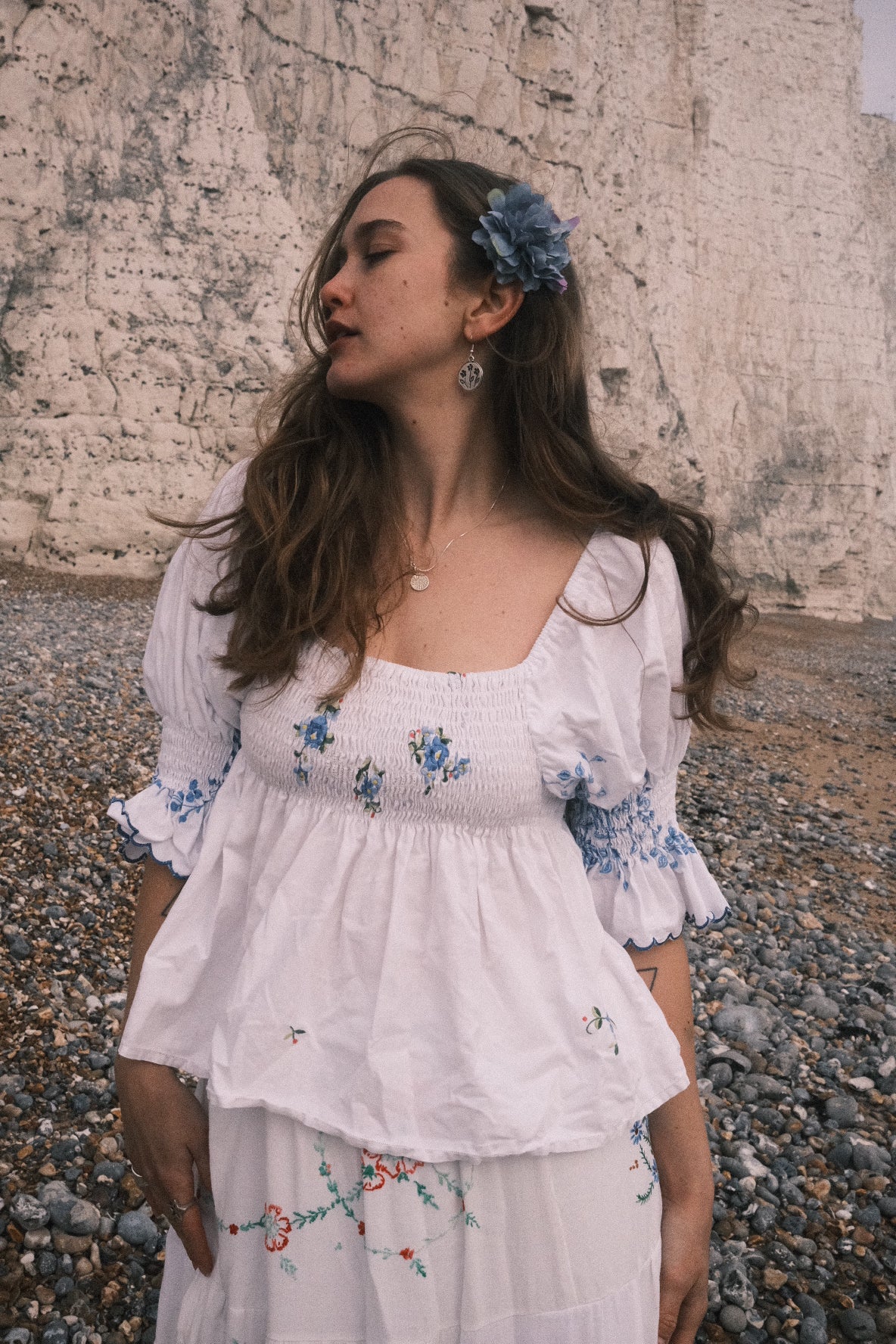 Lucia Vintage Tablecloth Ruched Top in Ides of March Blue Embroidery