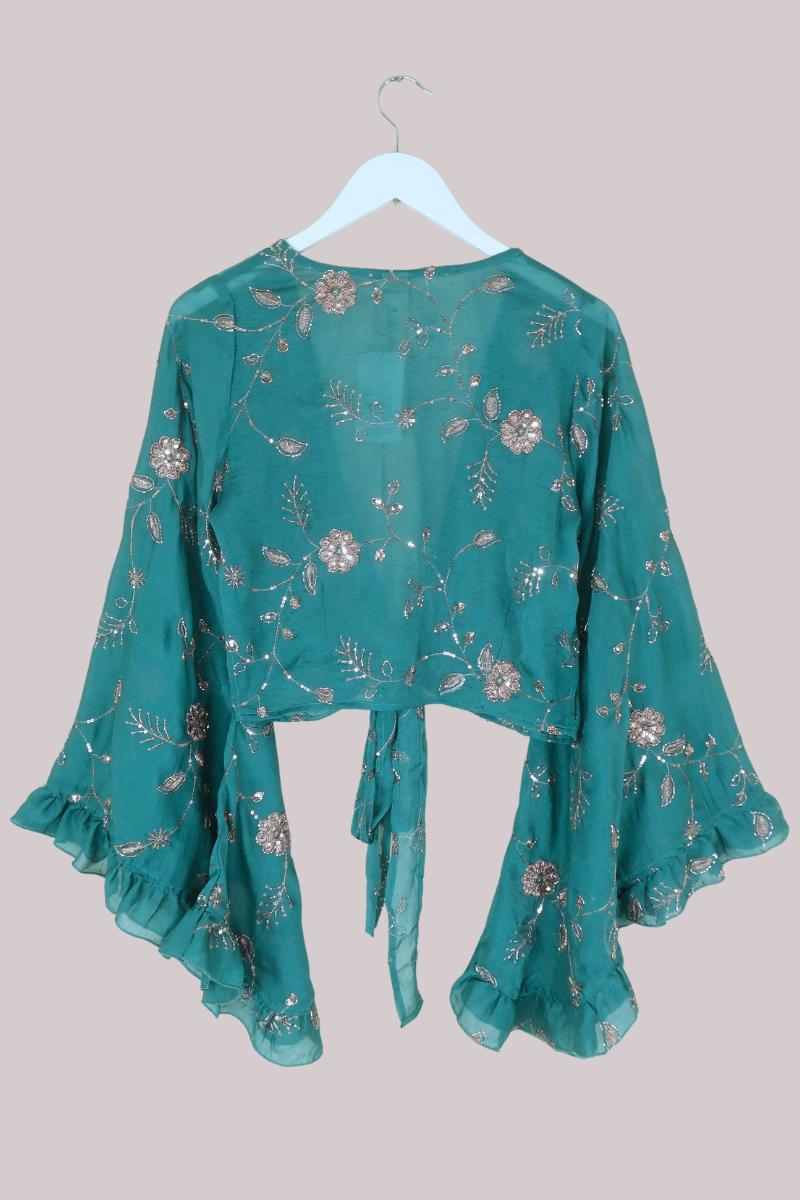 Venus Beaded Vintage Sari Wrap Top in Mermaid Blue
