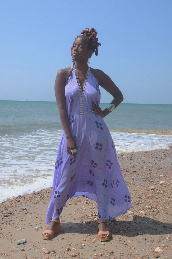 Athena Maxi Dress - Vintage Sari - Retro Lavender Floral - S to L/XL By All About Audrey