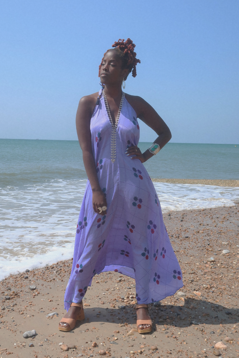 Athena Maxi Dress - Vintage Sari - Retro Lavender Floral - S to L/XL By All About Audrey