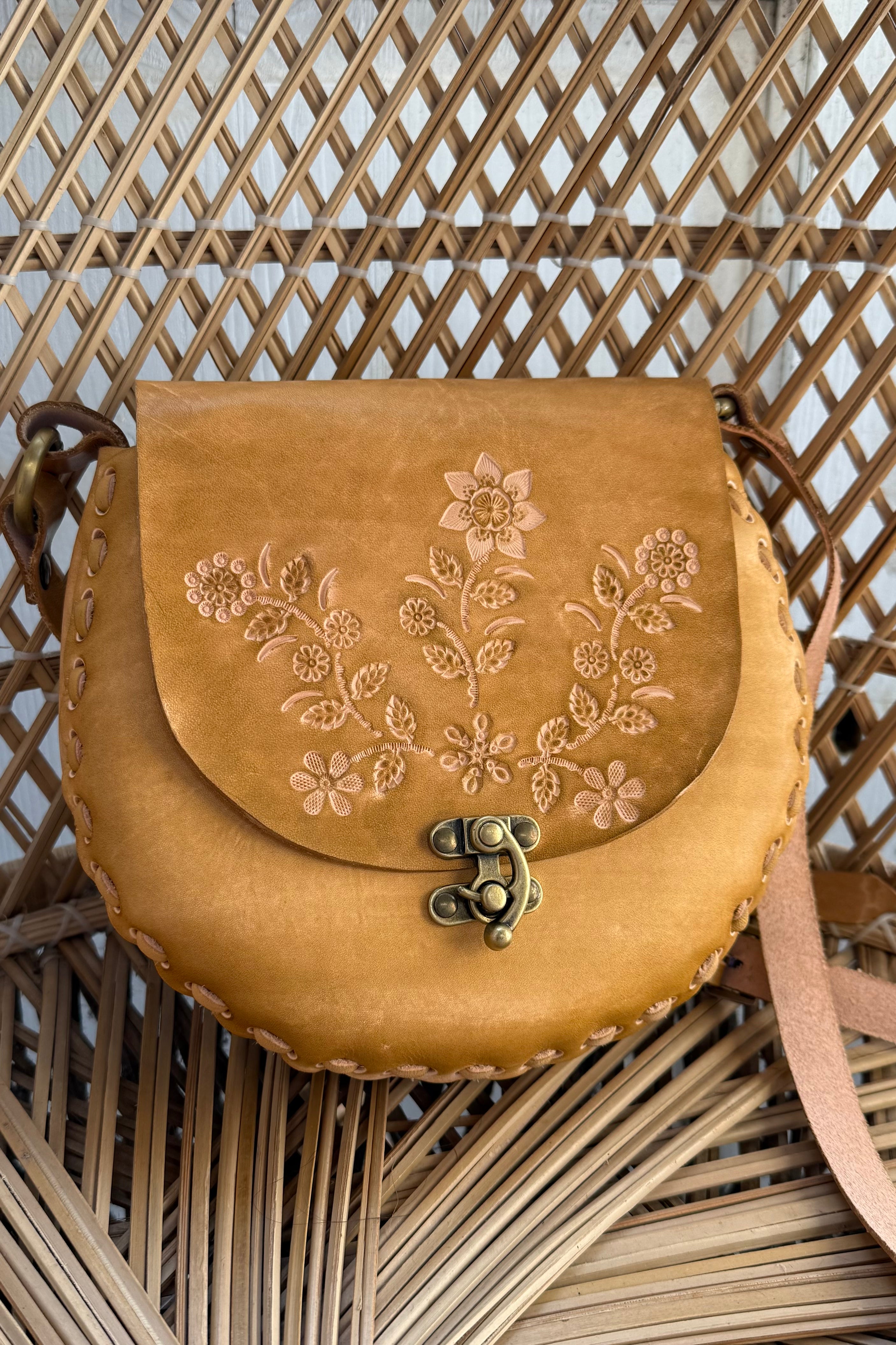 Jemima Embossed Saddle Bag in Fawn Beige